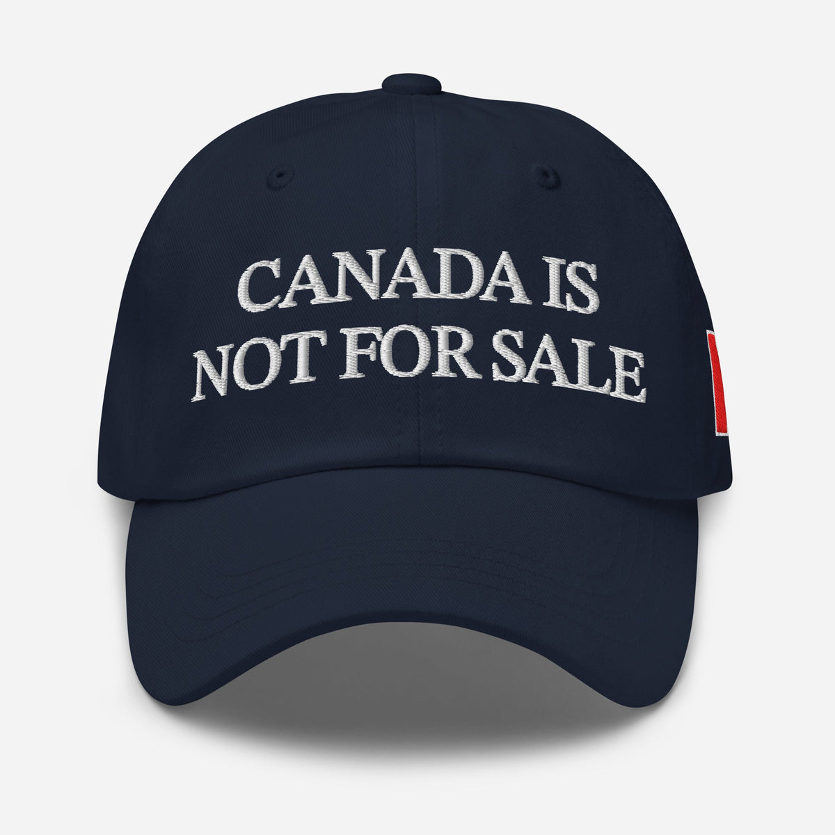Navy Canada is Not For Sale dad hat with white embroidered lettering, front view