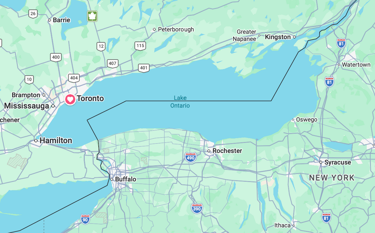 Map showing Lake Ontario between Ontario and New York