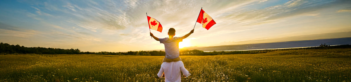 Person waving Canadian flags in a field at sunset