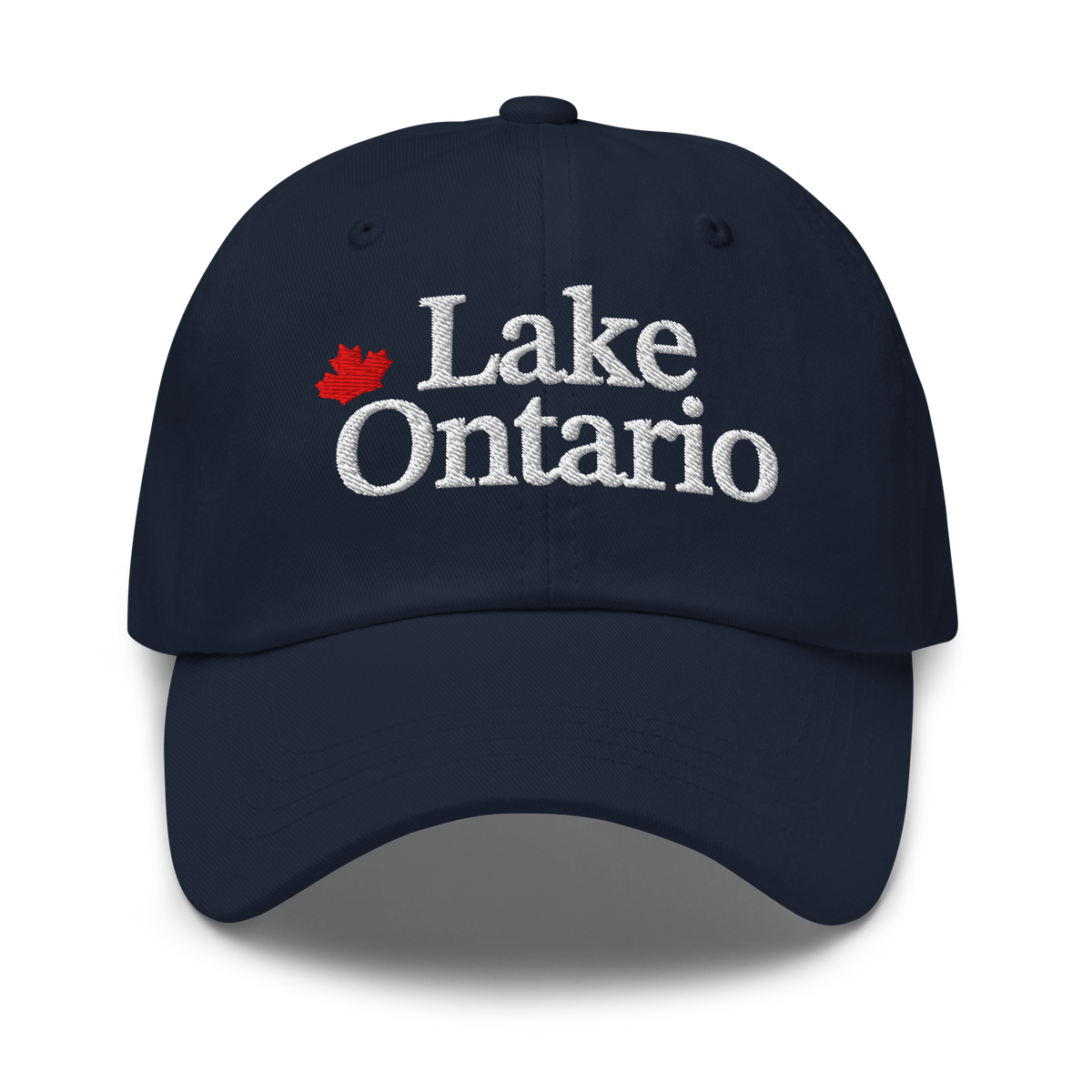 Navy Lake Ontario Classic Hat with white lettering and a red maple leaf, front view