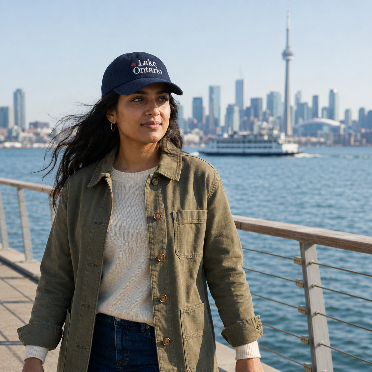 Person wearing a navy Lake Ontario hat by the Toronto waterfront with the CN Tower behind them