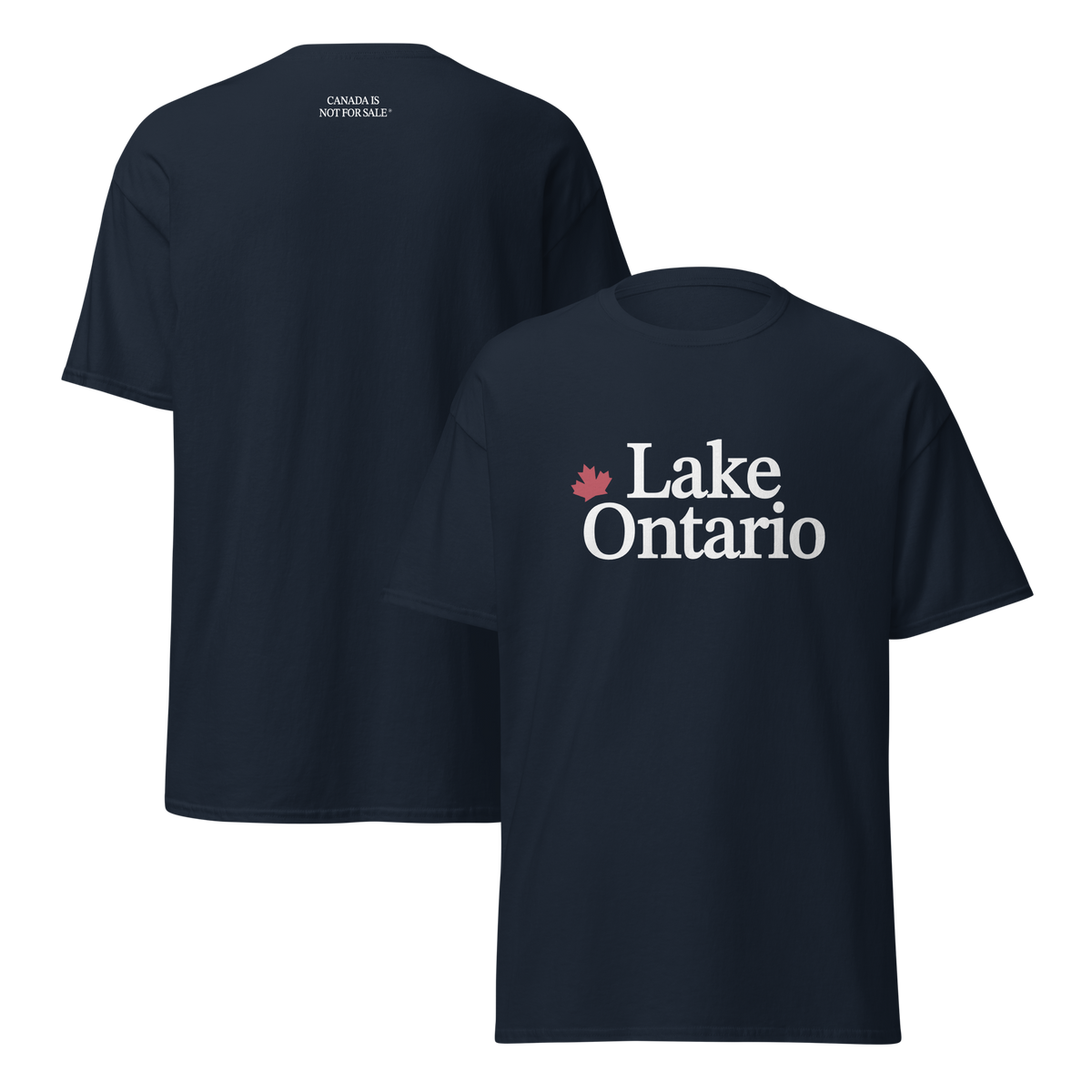 Navy Lake Ontario T-shirt shown from the front and back