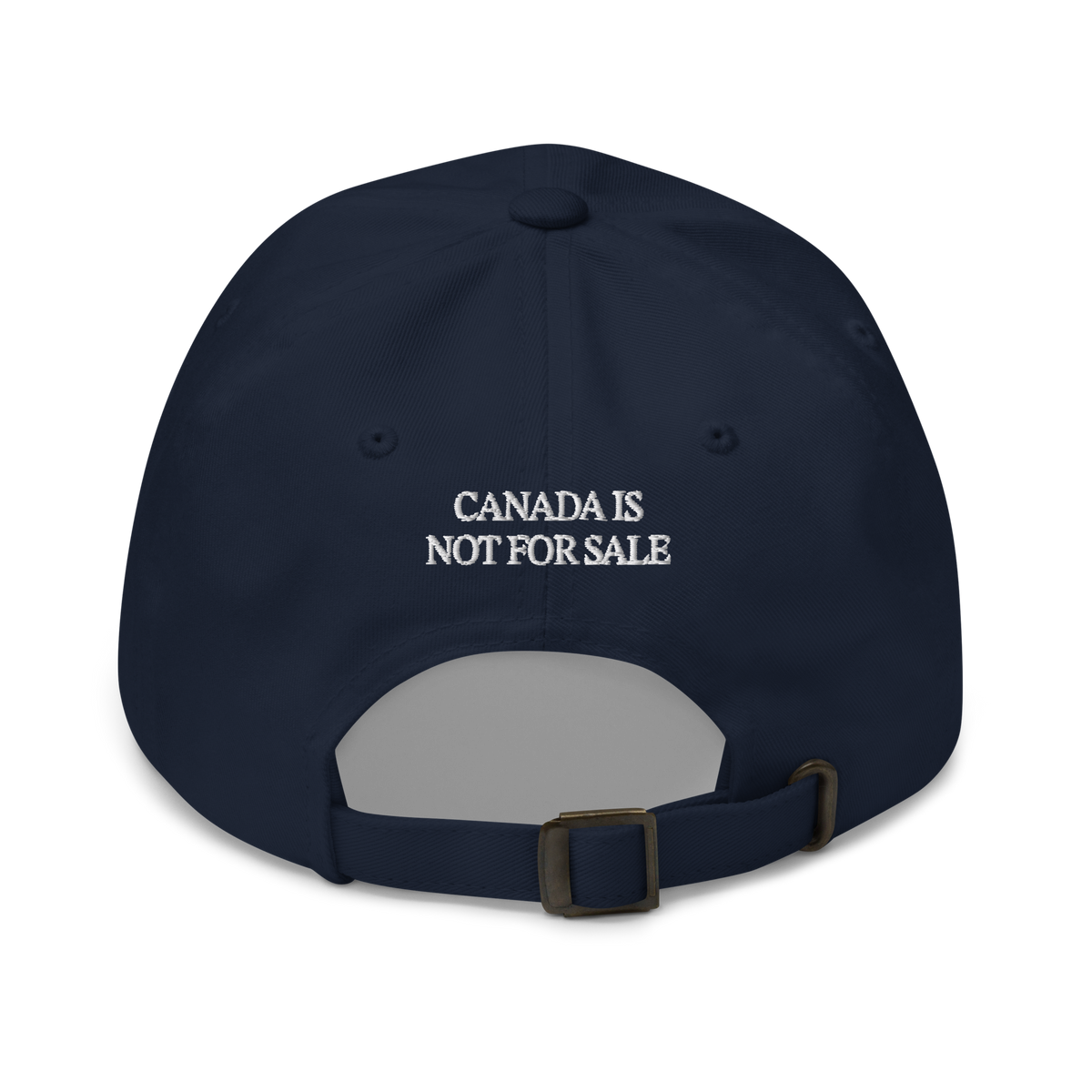 Back of a navy Lake Ontario Classic Hat with Canada is Not For Sale embroidery and buckle closure